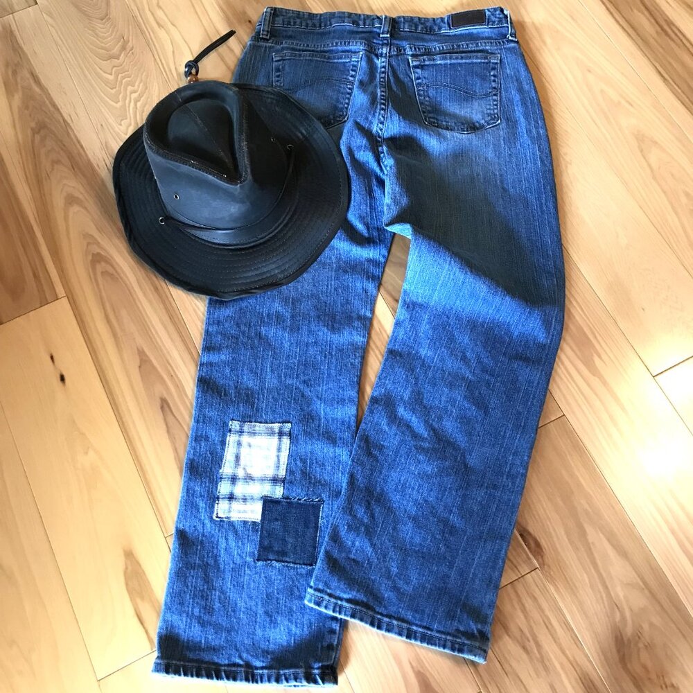 Upcycled Flannel Patchwork Jeans, Distressed Denim & Plaid Patches, Size 10P - Picture 8 of 12
